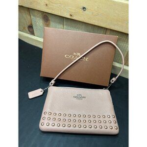 COACH Studded Leather Wristlet Top Handle Mini Bag In Blush Pink With Original B